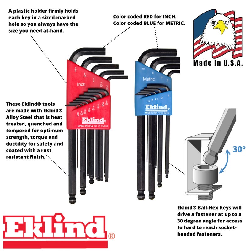 Eklind Tool Eklind 13222 Ball-Hex L-Key allen wrench Combo- Inch / MM (2 sets 22pc), 22-piece set - Image 2
